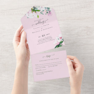 Blush Pink Magnolia Wedding All In One Invitation