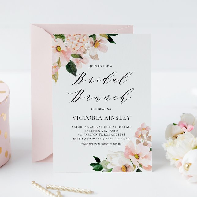 Blush Pink Magnolias and Hydrangeas Bridal Brunch Invitation (Creator Uploaded)
