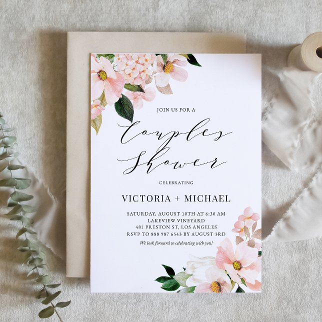 Blush Pink Magnolias and Hydrangeas Couples Shower Invitation (Creator Uploaded)