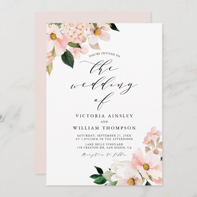 Blush Pink Magnolias and Hydrangeas Wedding Invitation (Front/Back)