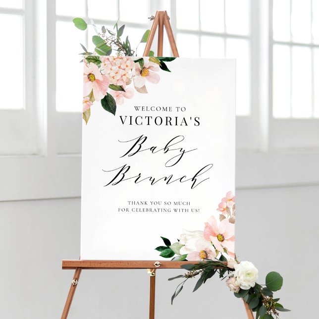 Blush Pink Magnolias Floral Baby Brunch Welcome Poster (Creator Uploaded)