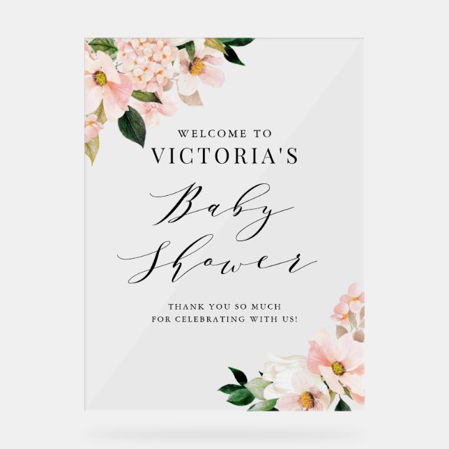 Blush Pink Magnolias Floral Baby Shower Welcome Acrylic Sign (Front)