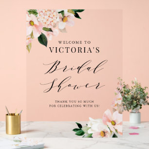 Blush Pink Magnolias Floral Bridal Shower Welcome Acrylic Sign