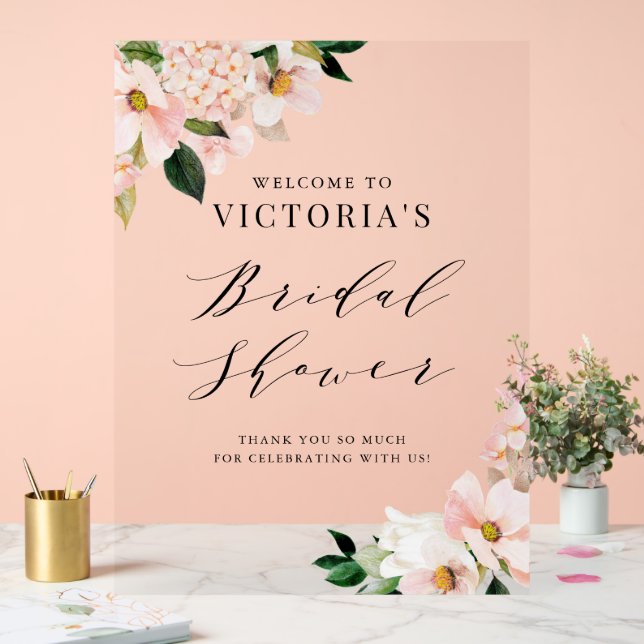 Blush Pink Magnolias Floral Bridal Shower Welcome Acrylic Sign (Wedding)
