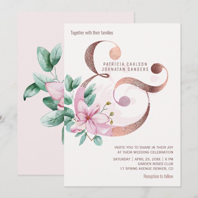 Blush pink magnolias rose gold ampersand wedding invitation (Front/Back)