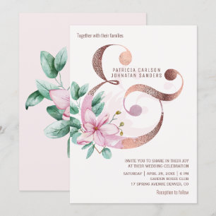 Blush pink magnolias rose gold ampersand wedding invitation