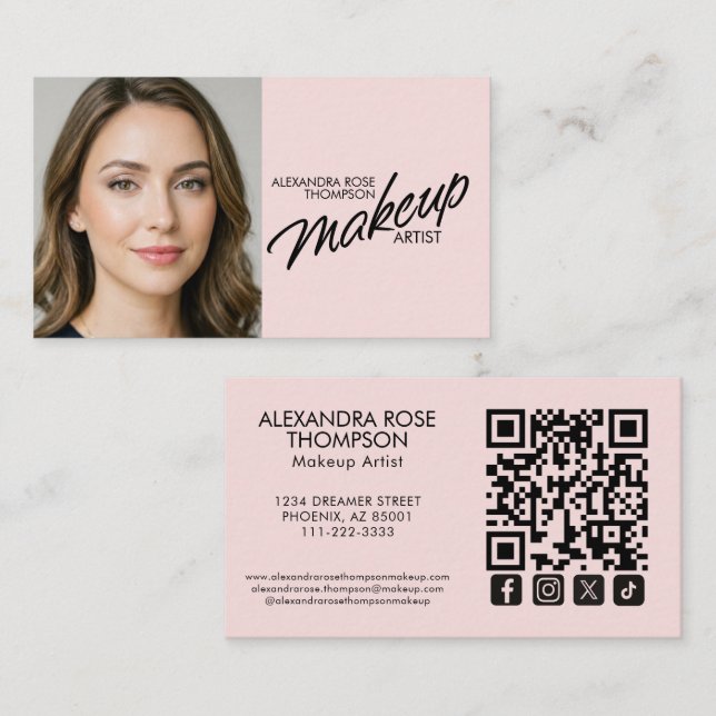 Blush Pink Makeup Artist Qr Code Social Icon Business Card (Front/Back)