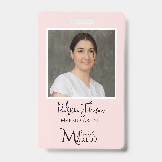 Blush Pink Makeup Script Logo Photo ID Badge (Front)