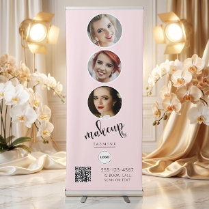Blush Pink Makeup Studio QR Photo Collage Logo Retractable Banner