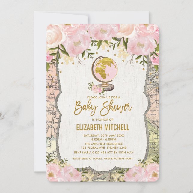 Blush Pink Map Baby Shower Invite Travel Adventure (Front)