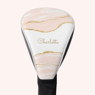 Blush Pink Marble Agate Gold Glitter Personalised Golf Head Cover