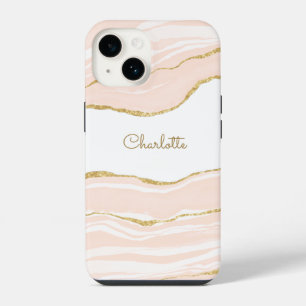 Blush Pink Marble Agate Gold Glitter Personalized iPhone 14 Case