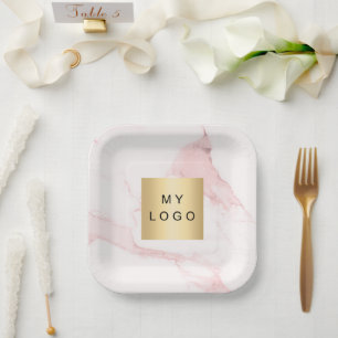 Blush pink marble business logo paper plate
