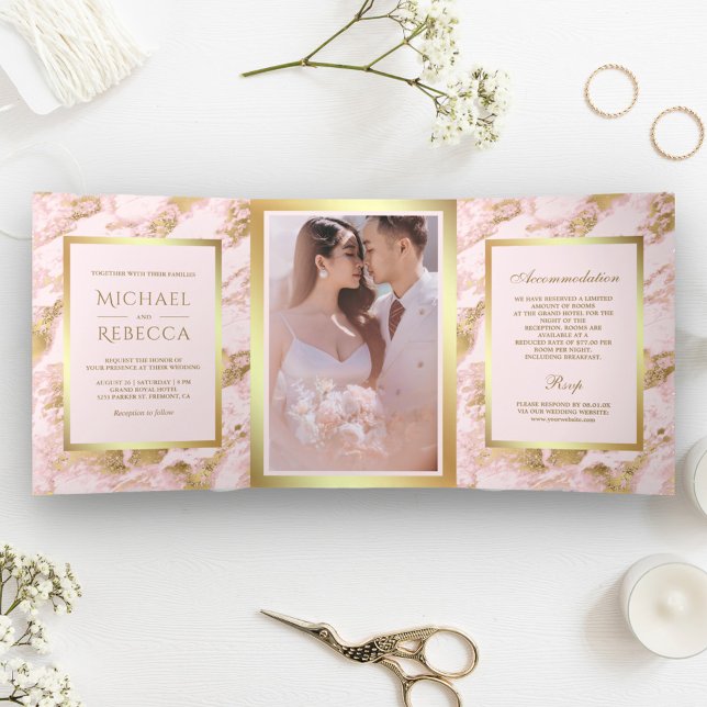 Blush Pink Marble Faux Gold Foil Photo Wedding Tri-Fold Invitation (Creator Uploaded)