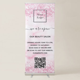Blush pink marble glitter business logo qr code retractable banner