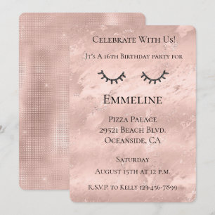 Blush Pink Marble Glitzy Black Glitter Eyelashes  Invitation