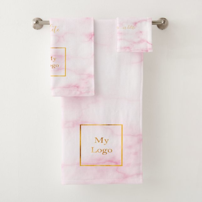 Blush pink marble gold company logo text business bath towel set (Insitu)