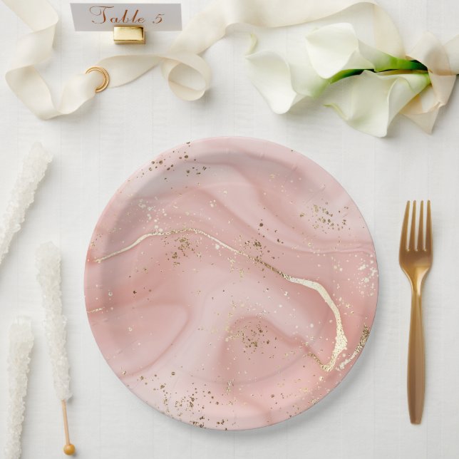Blush Pink Marble Gold Glitter Abstract Pattern Paper Plate (Wedding)