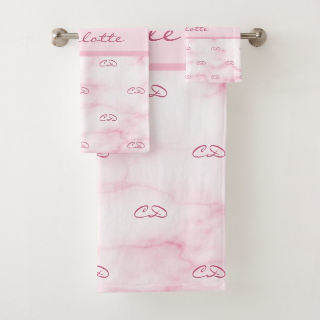 Blush pink marble monogram initials pattern name bath towel set (Insitu)