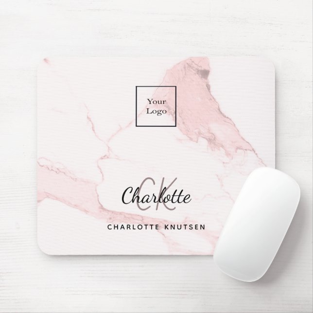 Blush pink marble monogram name business logo mouse mat (With Mouse)