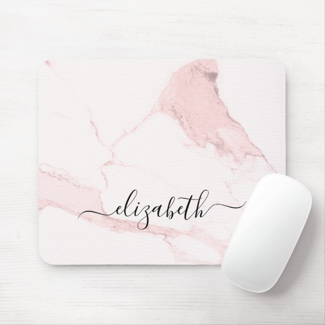 Blush pink marble monogram name elegant modern mouse mat (With Mouse)