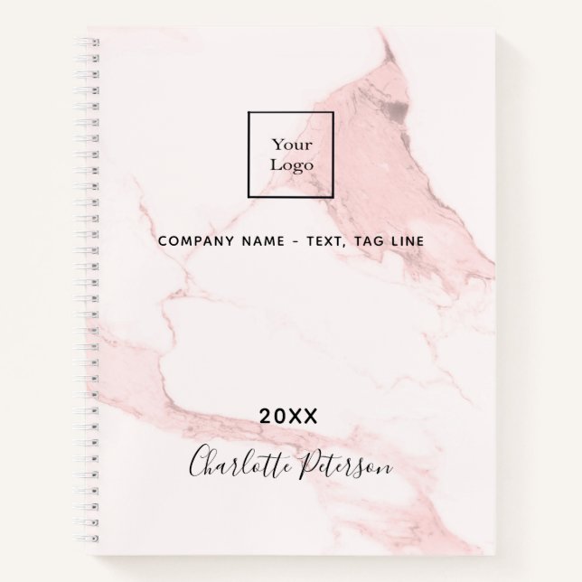 Blush pink marble name elegant business logo notebook (Front)