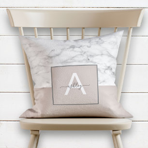 Blush Pink Marble Name Monogram Colorblock Cushion