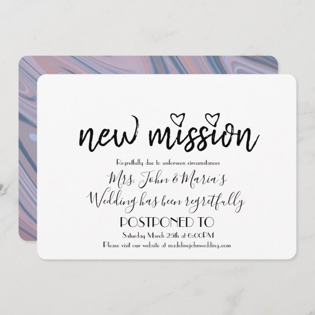 Blush Pink Marble New Mission Wedding Date Change Invitation (Front/Back)