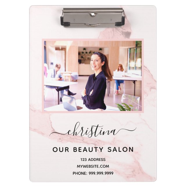 Blush pink marble photo name elegant business  clipboard (Front)