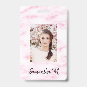 Blush pink marble photo name minimalist ID badge