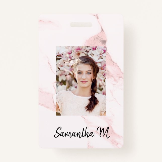 Blush pink marble photo name minimalist ID badge (Front)
