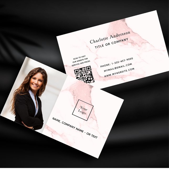 Blush pink marble photo QR code logo Business Card (Creator Uploaded)