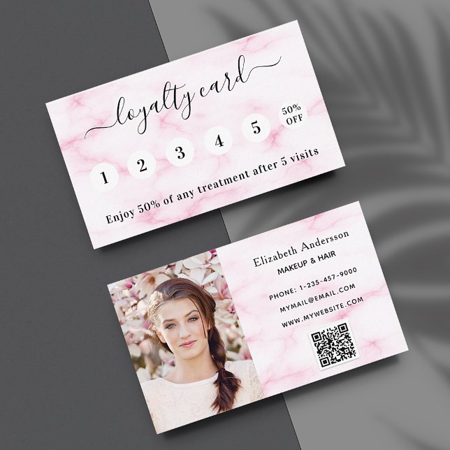 Blush pink marble qr code photo elegant loyalty card (Creator Uploaded)