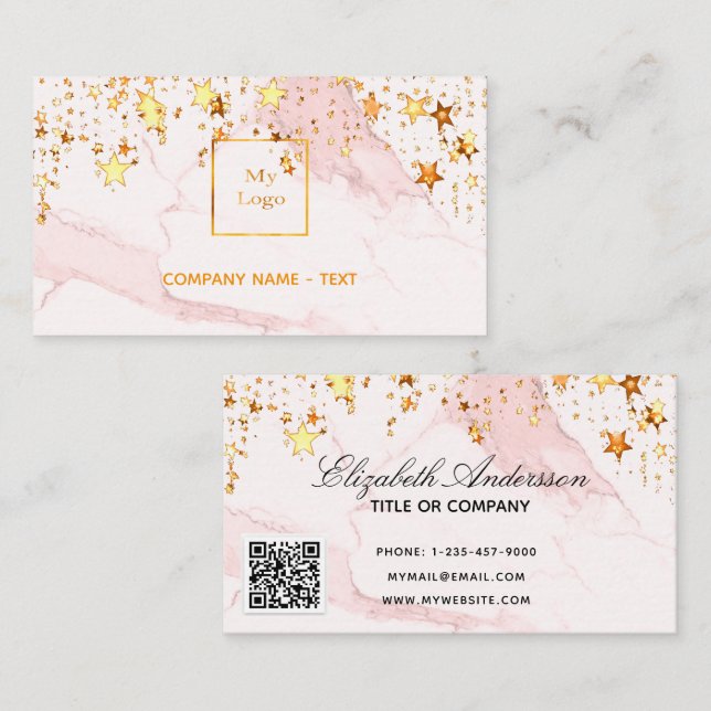 Blush pink marble stars logo elegant QR code Business Card (Front/Back)