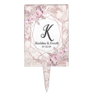 Blush Pink Marbled Frame Floral Wedding Monogram Cake Pick