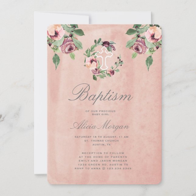 blush pink marsala floral elegant baptism invitation (Front)