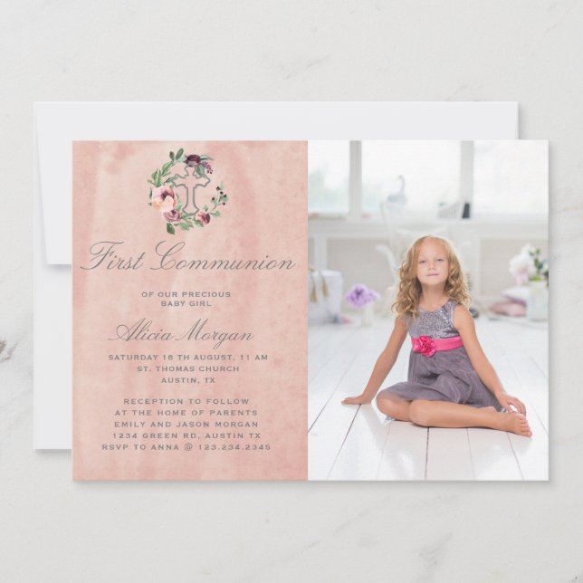 blush pink marsala floral first communion invitation (Front)