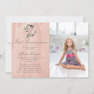 blush pink marsala floral first communion invitation
