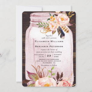 Blush Pink Mason Jar Feather Floral Wedding Invitation