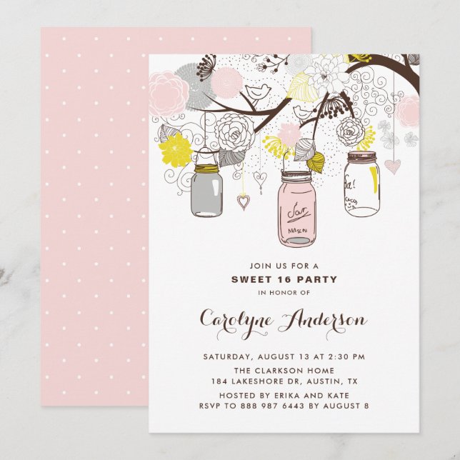 Blush Pink Mason Jars Floral Sweet Sixteen Party Invitation (Front/Back)