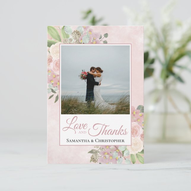 Blush Pink & Mauve Floral Love & Thanks Wedding Thank You Card (Standing Front)