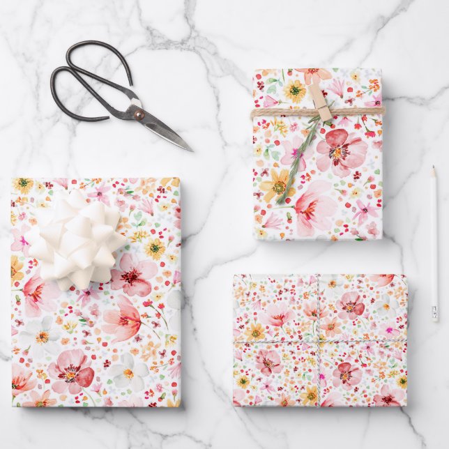 Blush Pink Meadow Wildflowers Boho Elegant Wrapping Paper Sheet (Front)