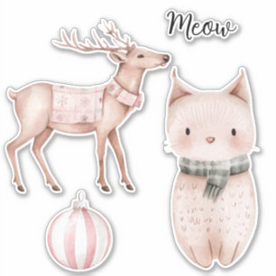 Blush Pink Meow Cat Deer Christmas Ornament