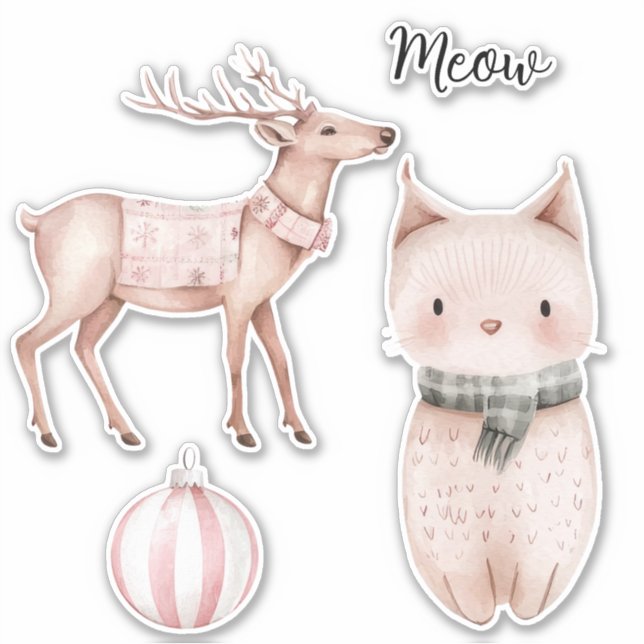 Blush Pink Meow Cat Deer Christmas Ornament (Front)