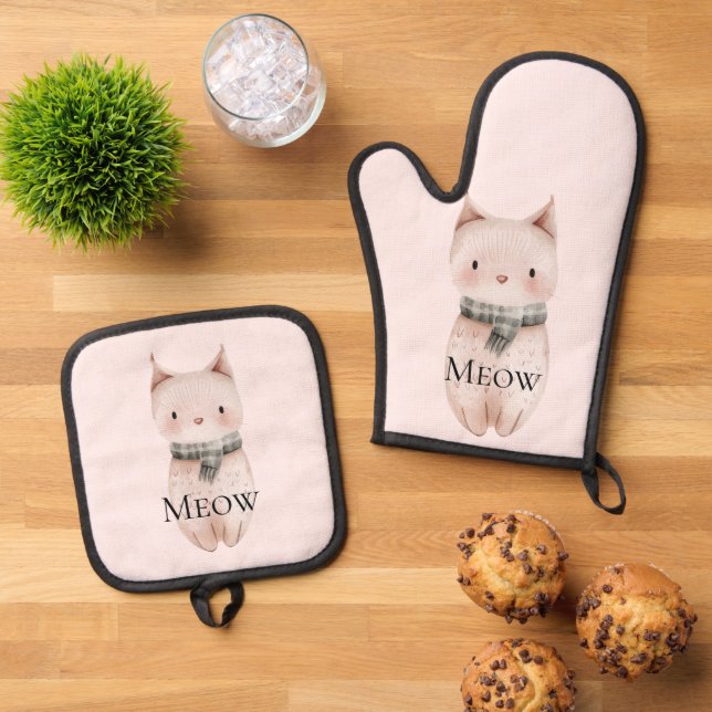 Blush Pink Meow Cat  Oven Mitt & Pot Holder Set (Top Down)