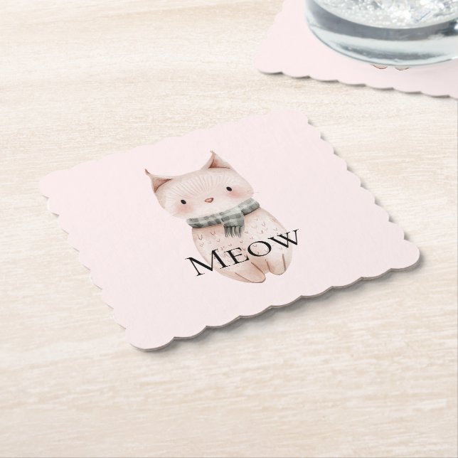 Blush Pink Meow Christmas Cat Deer Snowman Paper Coaster (Angled)