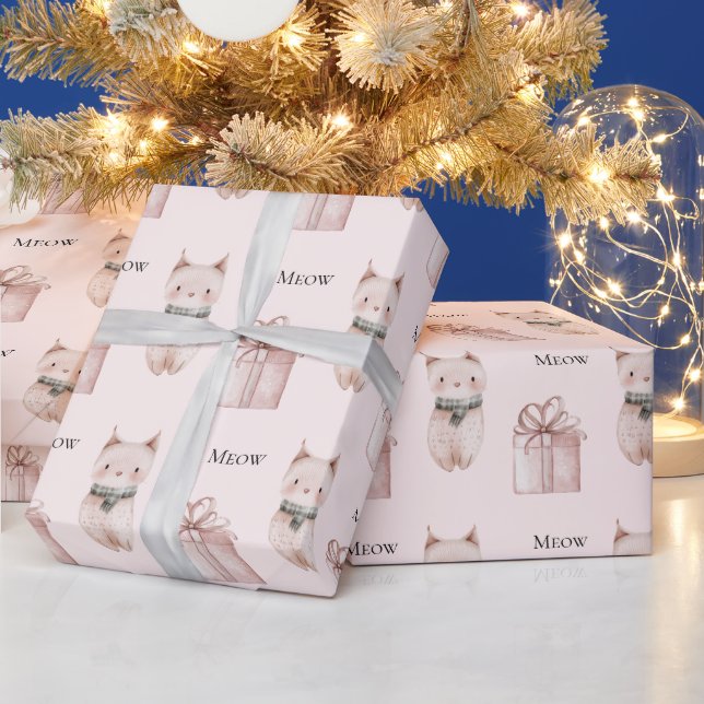 Blush Pink Meow Christmas Cat Gift Wrapping Paper (Holidays)