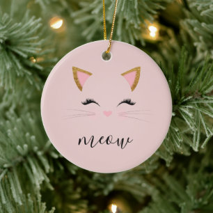 Blush PInk Meow Whiskers Kitty Ceramic Tree Decoration