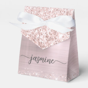 Blush Pink Metal Rose Gold Glitter Monogram Name Favour Box