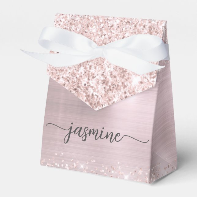 Blush Pink Metal Rose Gold Glitter Monogram Name Favour Box (Front Side)